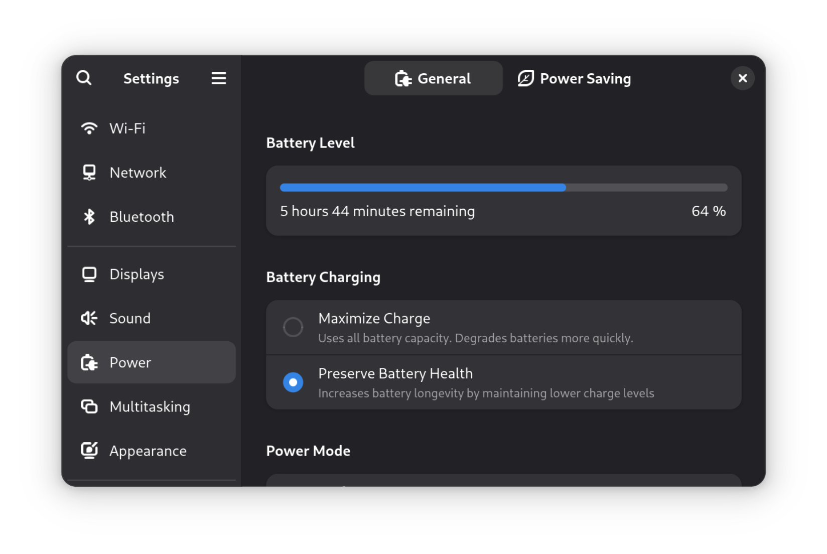 A screenshot of the Gnome
settings for Power showing the options for Battery Charging