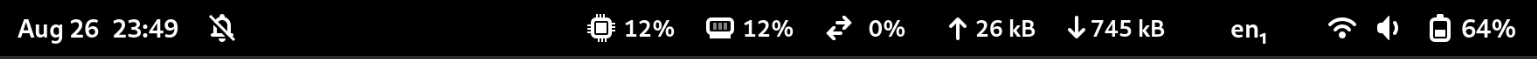 Screenshot of the top
bar of Gnome with the system monitor extension enabled, showing the load of:
CPU, memory, network and disk
