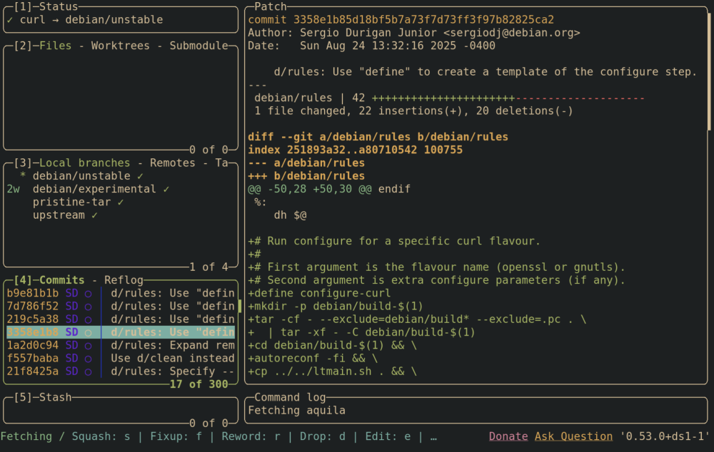 Screenshot of lazygit from the Debian curl
repository, showing a selected commit and its diff, besides the other things
from the lazygit UI