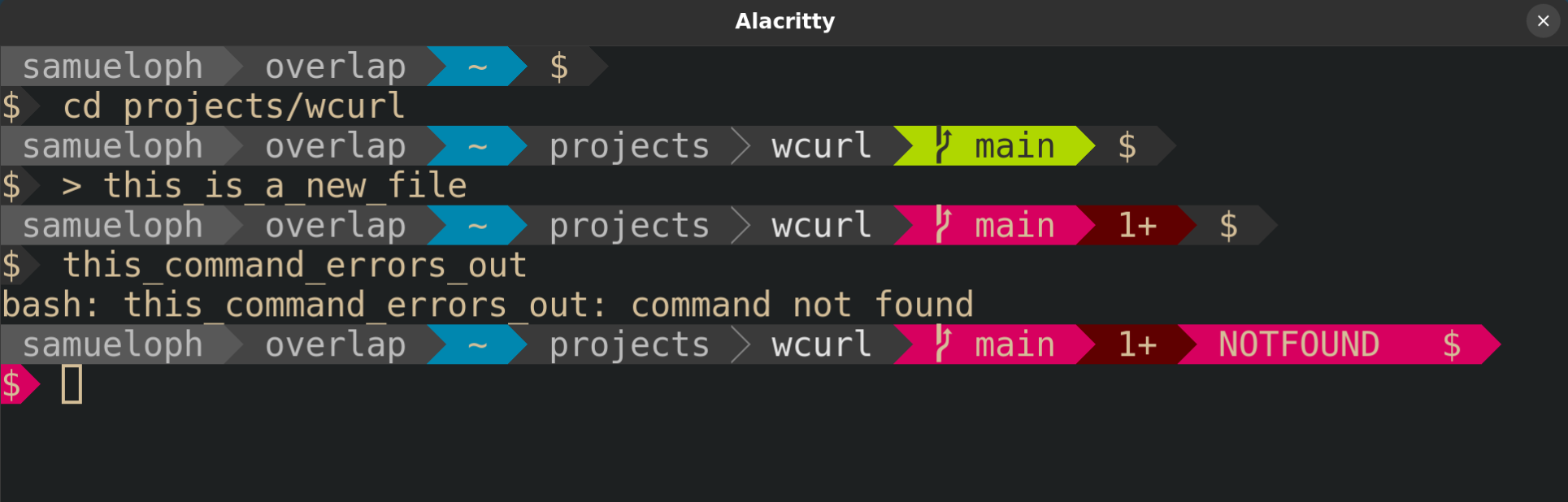 A screenshot of a terminal with
powerline-go enabled, showing how the PS1 changes inside a git repository and
when the last command fails