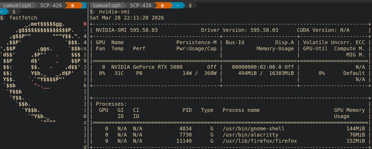 Two terminal windows side-by-side, on the left there's the Debian logo in ASCII art, and on the right it's the output of nvidia-smi, showing the driver version 595.58.03 running on a machine that has an NVIDIA RTS 5080