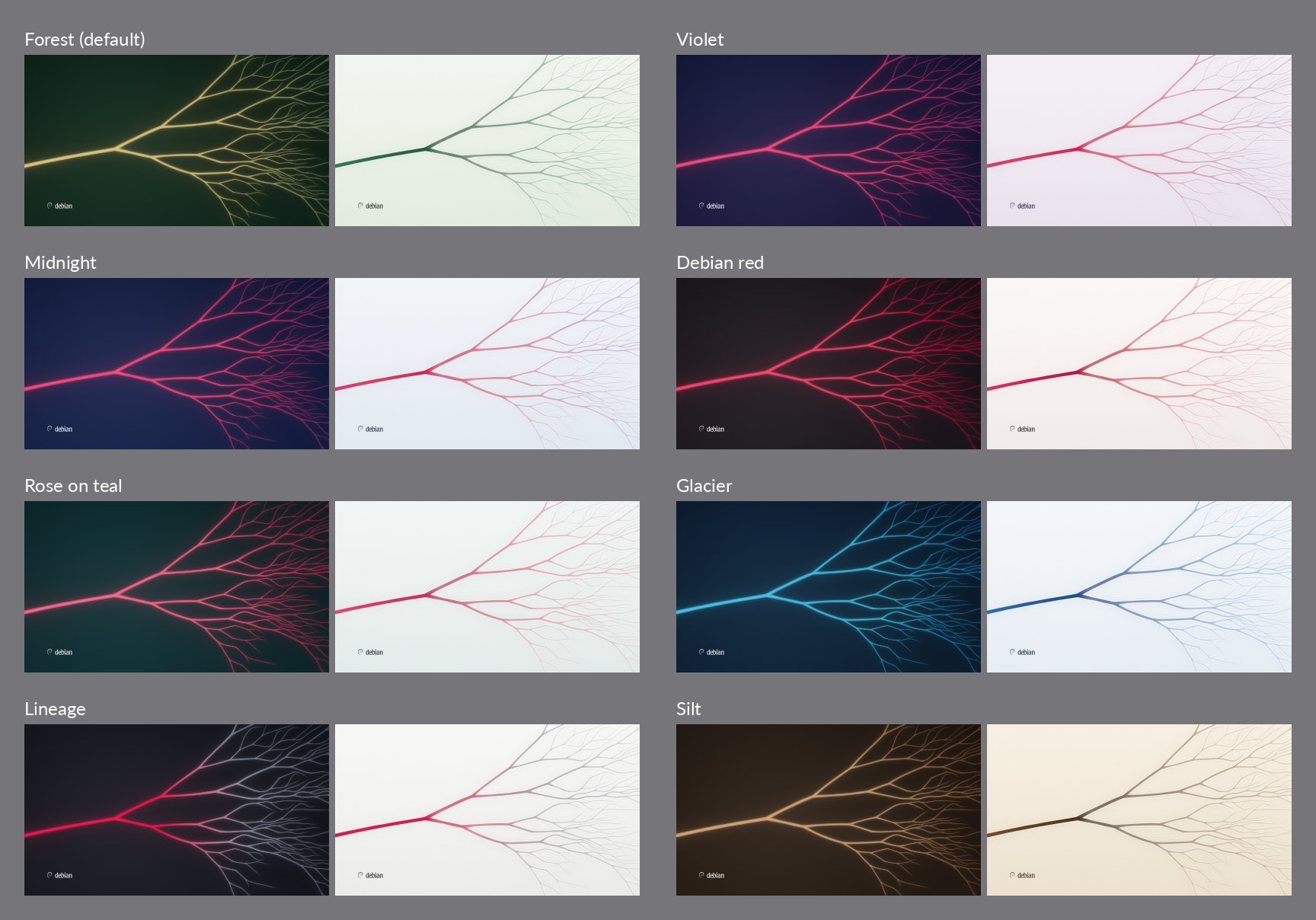 Distributary in its eight
colours, Forest, Violet, Midnight, Debian red, Rose on teal, Glacier, Lineage
and Silt, each as a dark and a light wallpaper side by side
