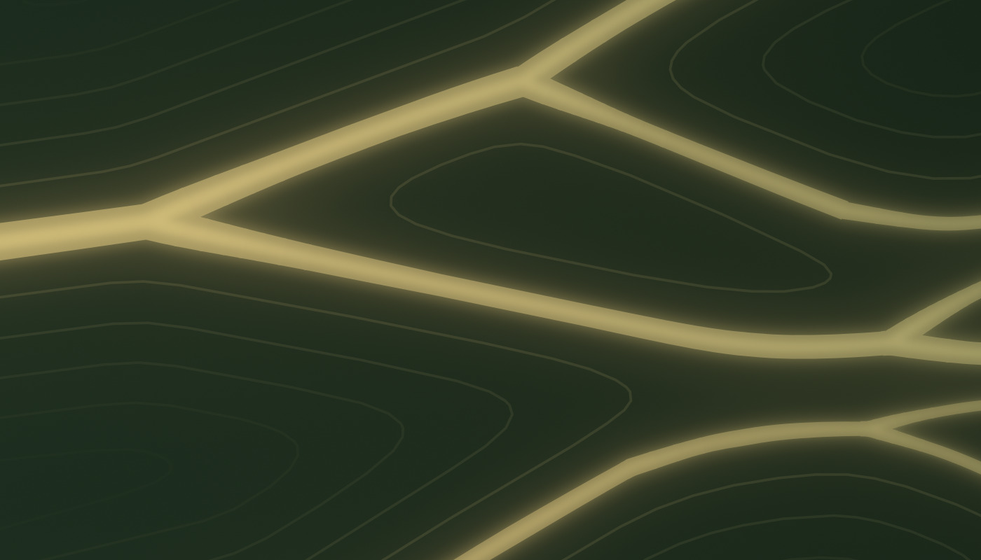 A 1:1 crop of the 8K render: channels deep in the delta, with soft light and contour lines.