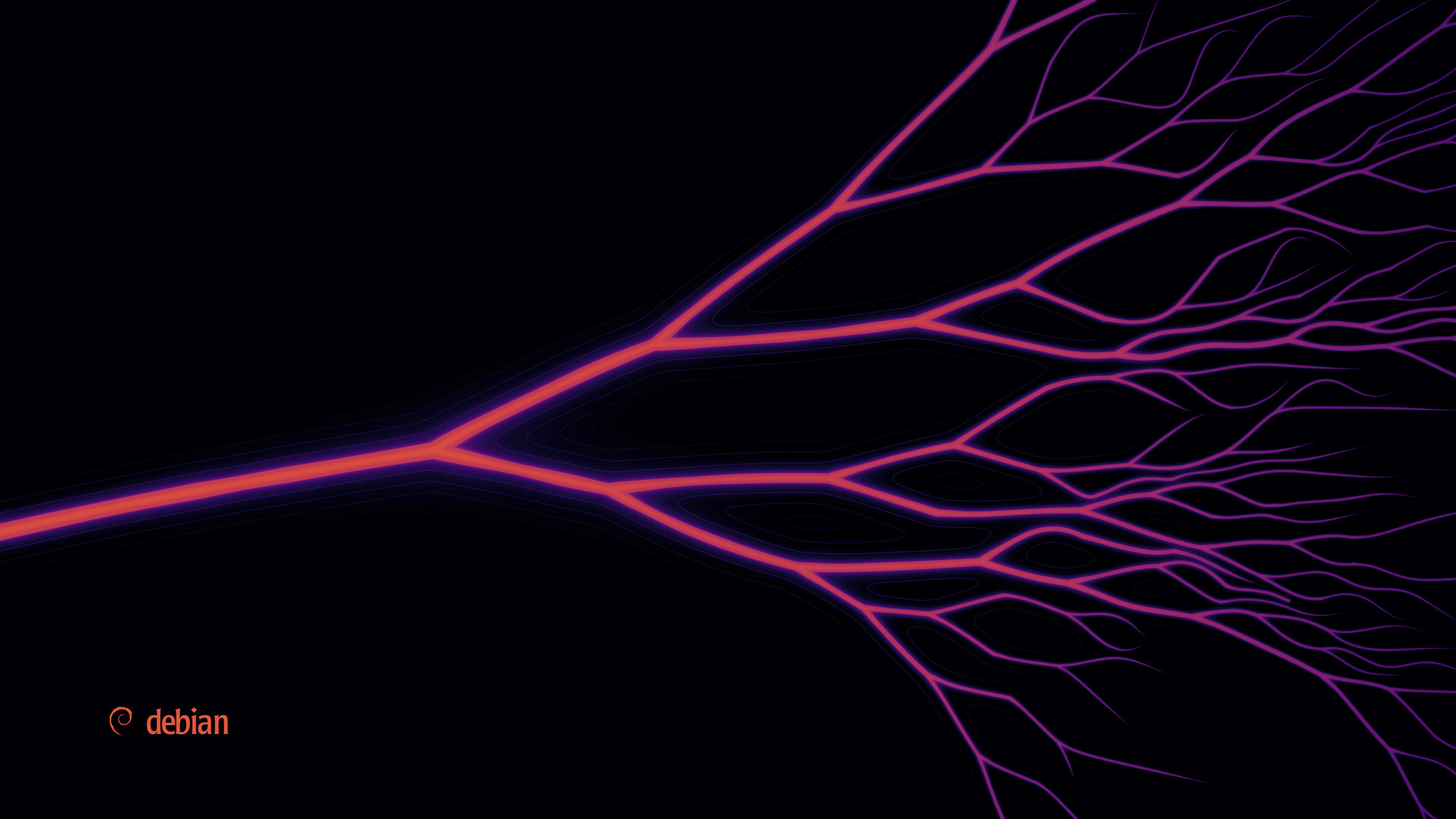 False-colour luminance map of the dark wallpaper in HDR: the land is in the darkest band, the delta's channels glow purple, and only the stem and the first fork reach orange and yellow.