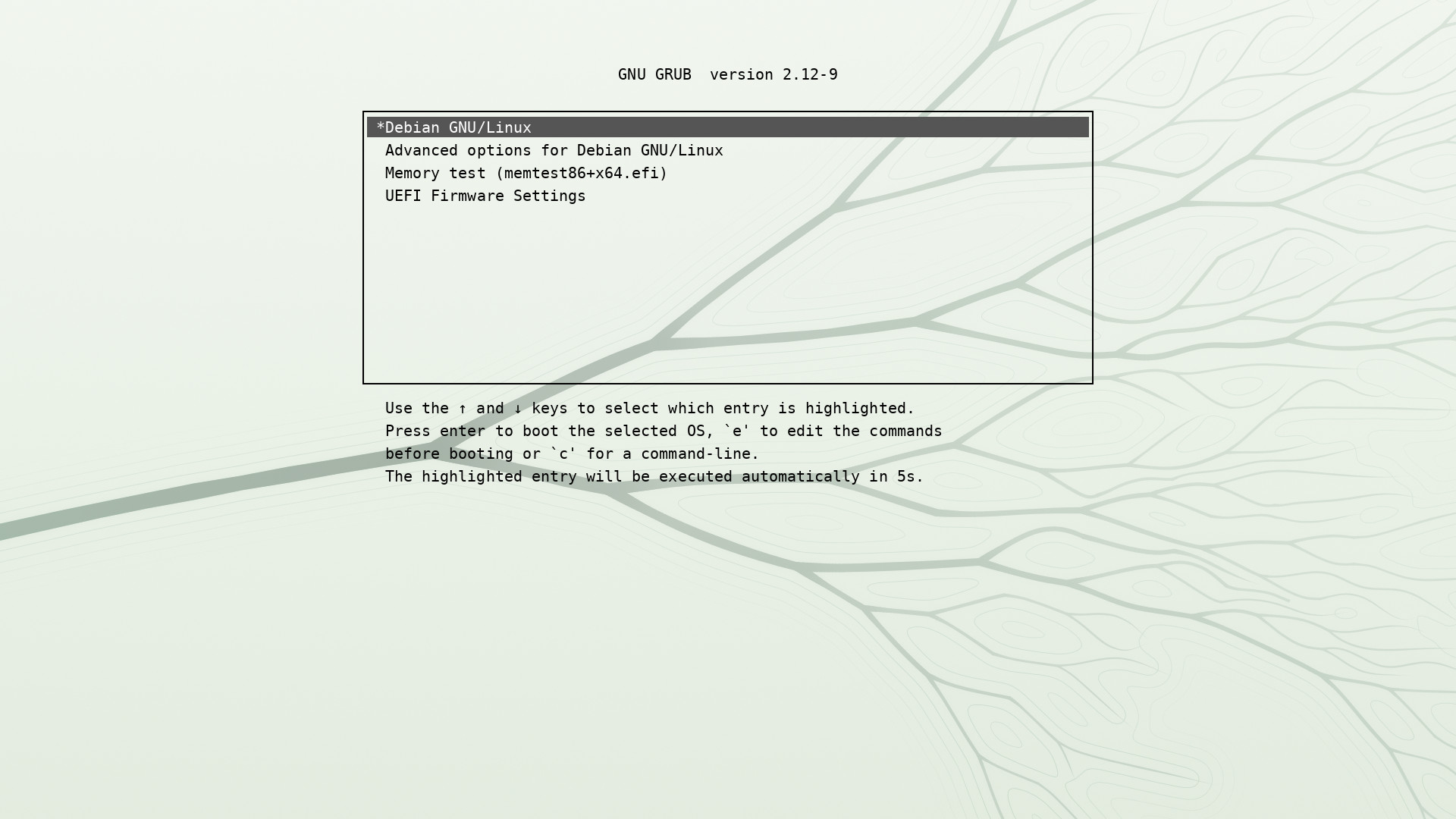 GRUB boot menu in black text over the light wallpaper, its ink faded toward the menu.