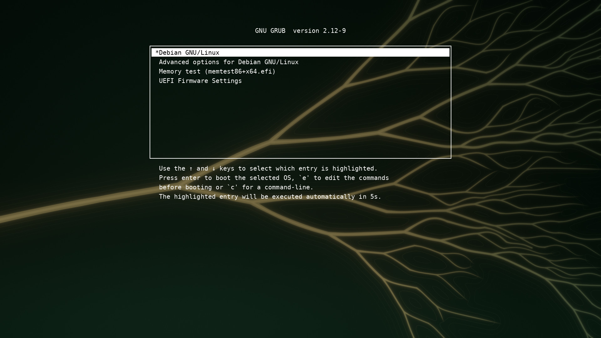 GRUB boot menu over a darkened copy of the dark wallpaper.