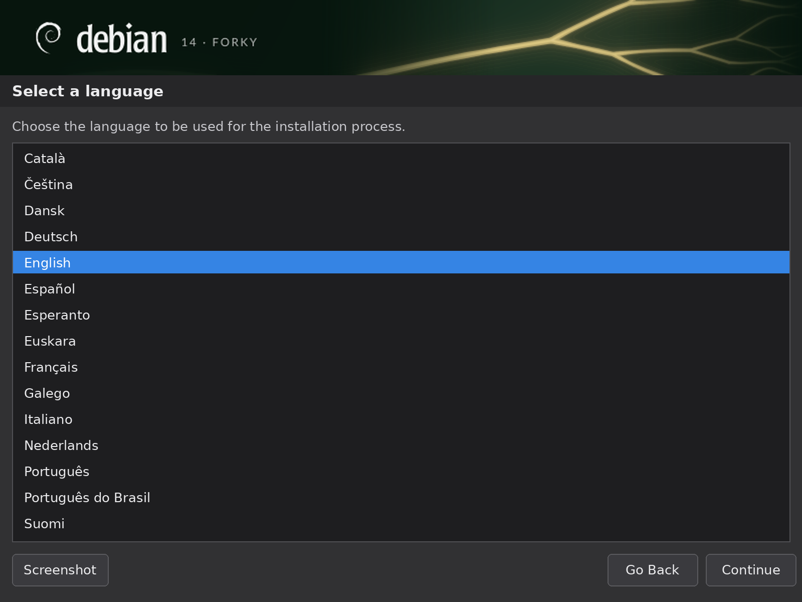 The same screen in the installer's dark theme, with the same banner.