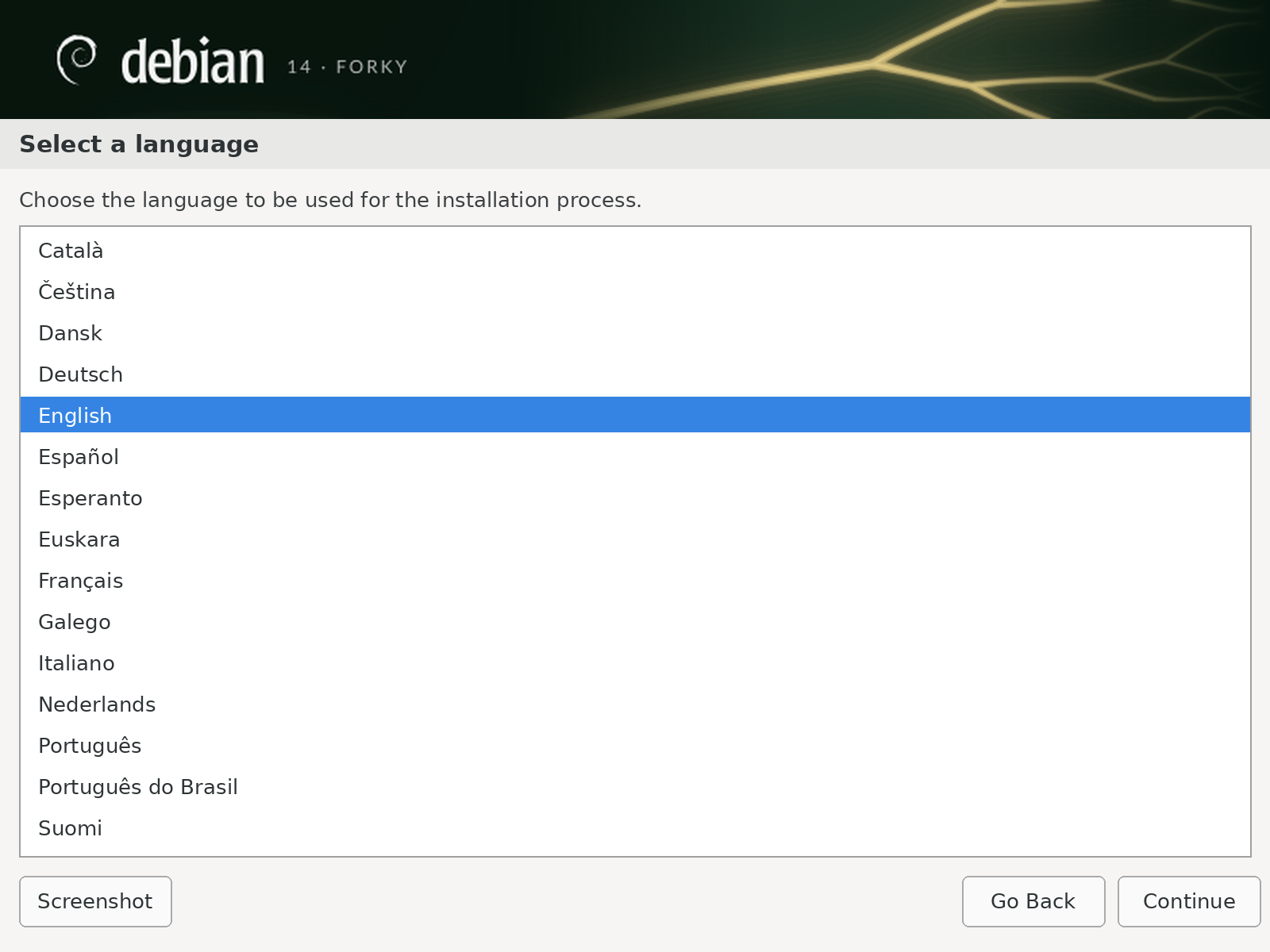 Debian installer language screen in its light theme, with the Distributary banner.