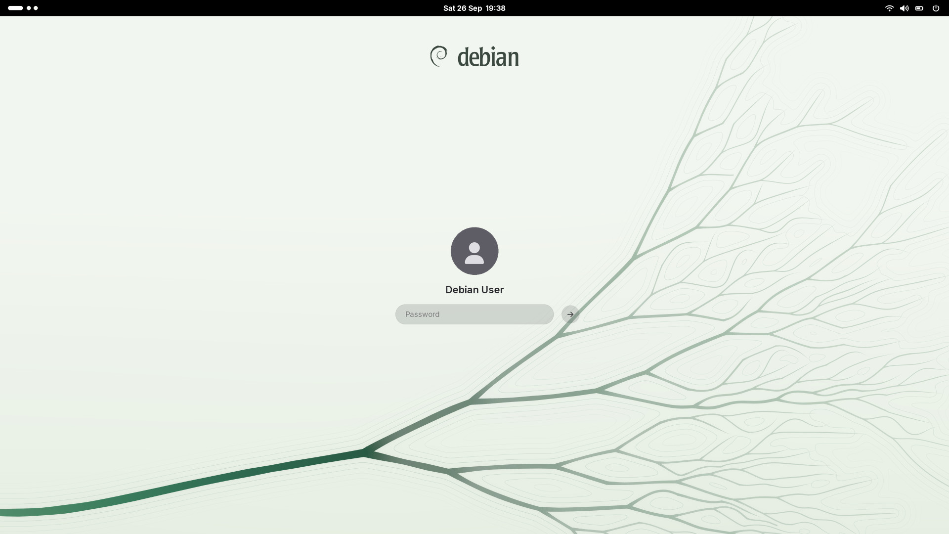 The light login screen: the lockup in ink at the top, a user card in the calm centre, the delta low on the right.