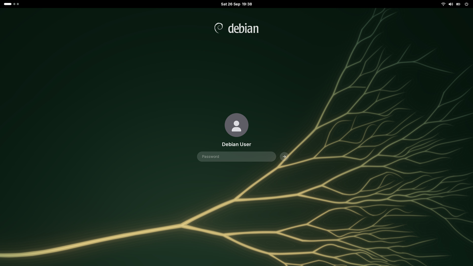 Login screen: the lockup at the top, a user card in the calm centre, the delta low on the right.