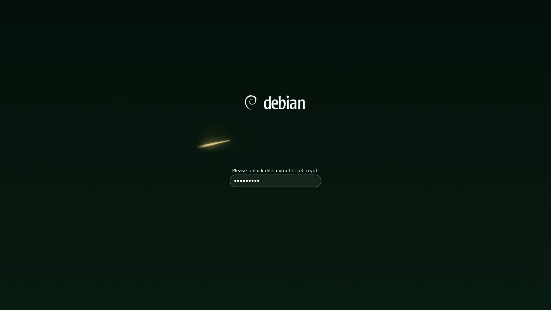 Disk unlock prompt under the logo, with separate passphrase dots.