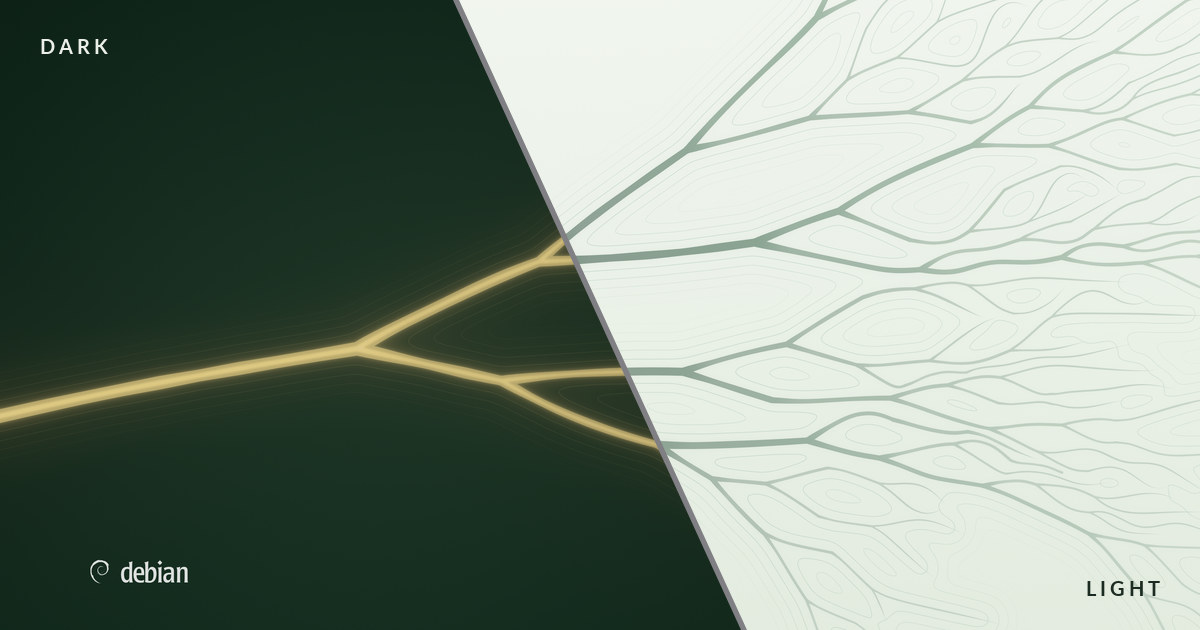 The Distributary wallpaper split on a diagonal: on the left,
the dark version, a gold river forking over dark green land with the Debian
logo; on the right, the light version, the same river as green ink on pale
paper