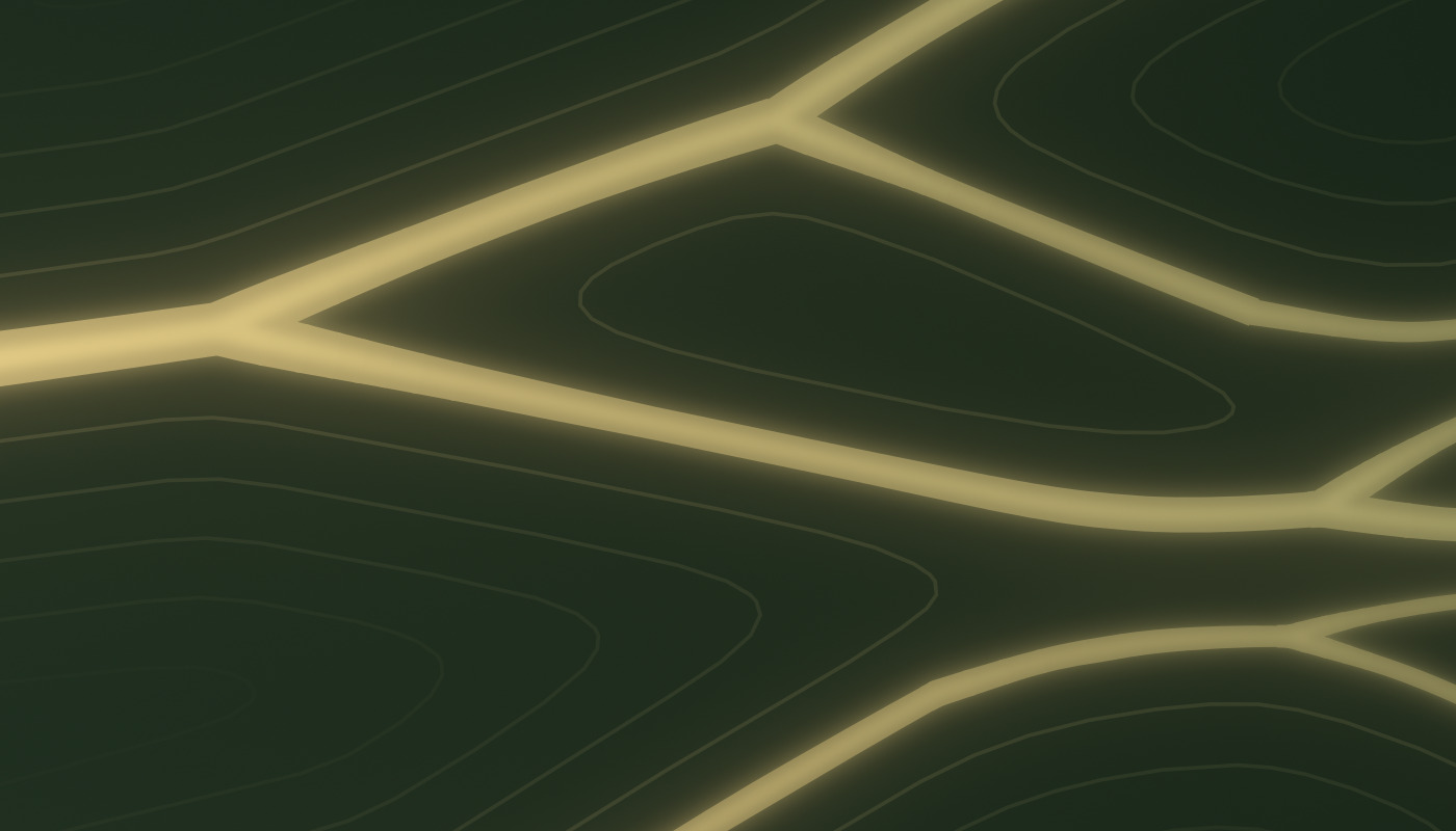 A 1:1 crop of the 8K render: channels deep in the delta, with soft light and contour lines.