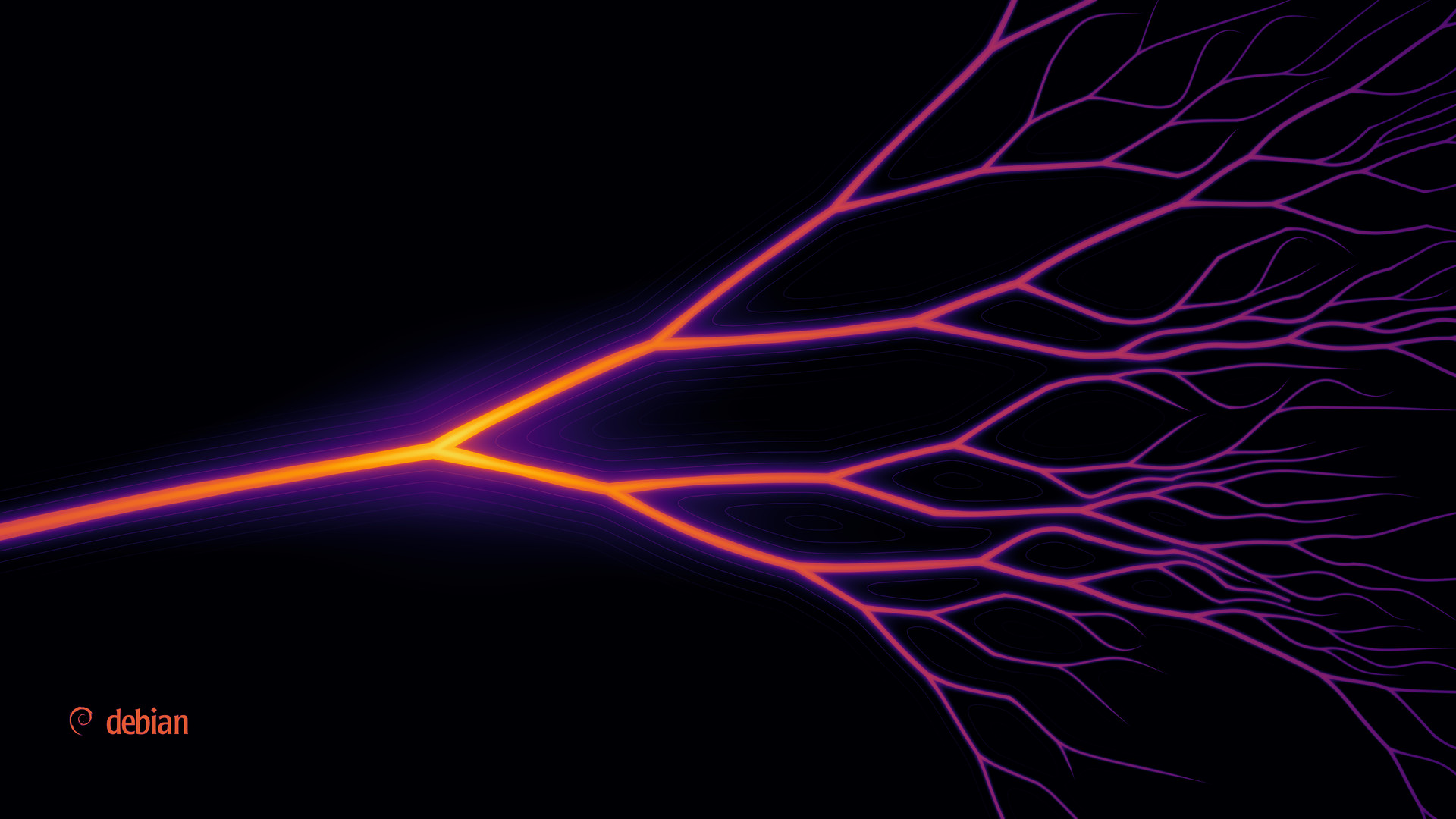 False-colour luminance map of the dark wallpaper in HDR: the land is in the darkest band, the delta's channels glow purple, and only the stem and the first fork reach orange and yellow.