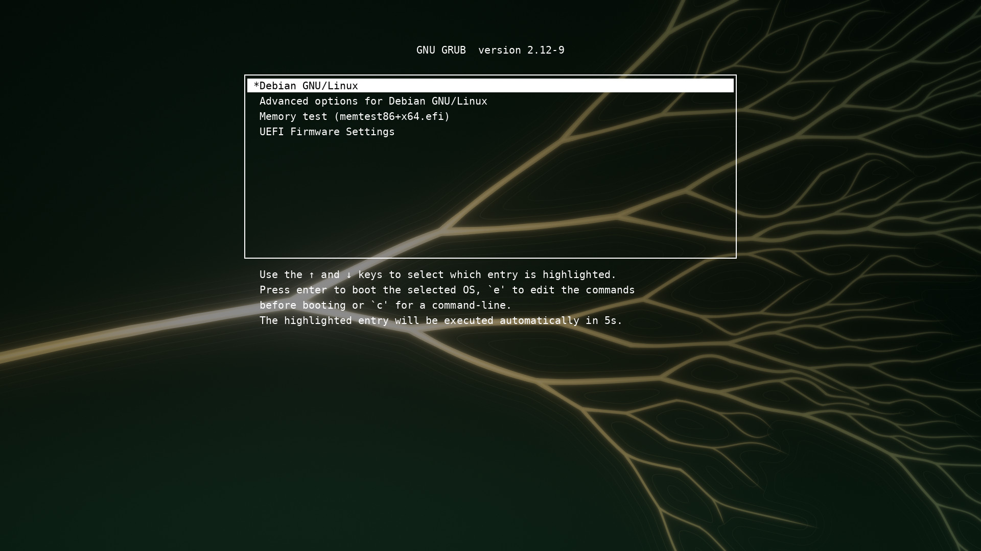GRUB boot menu over a darkened copy of the dark wallpaper.