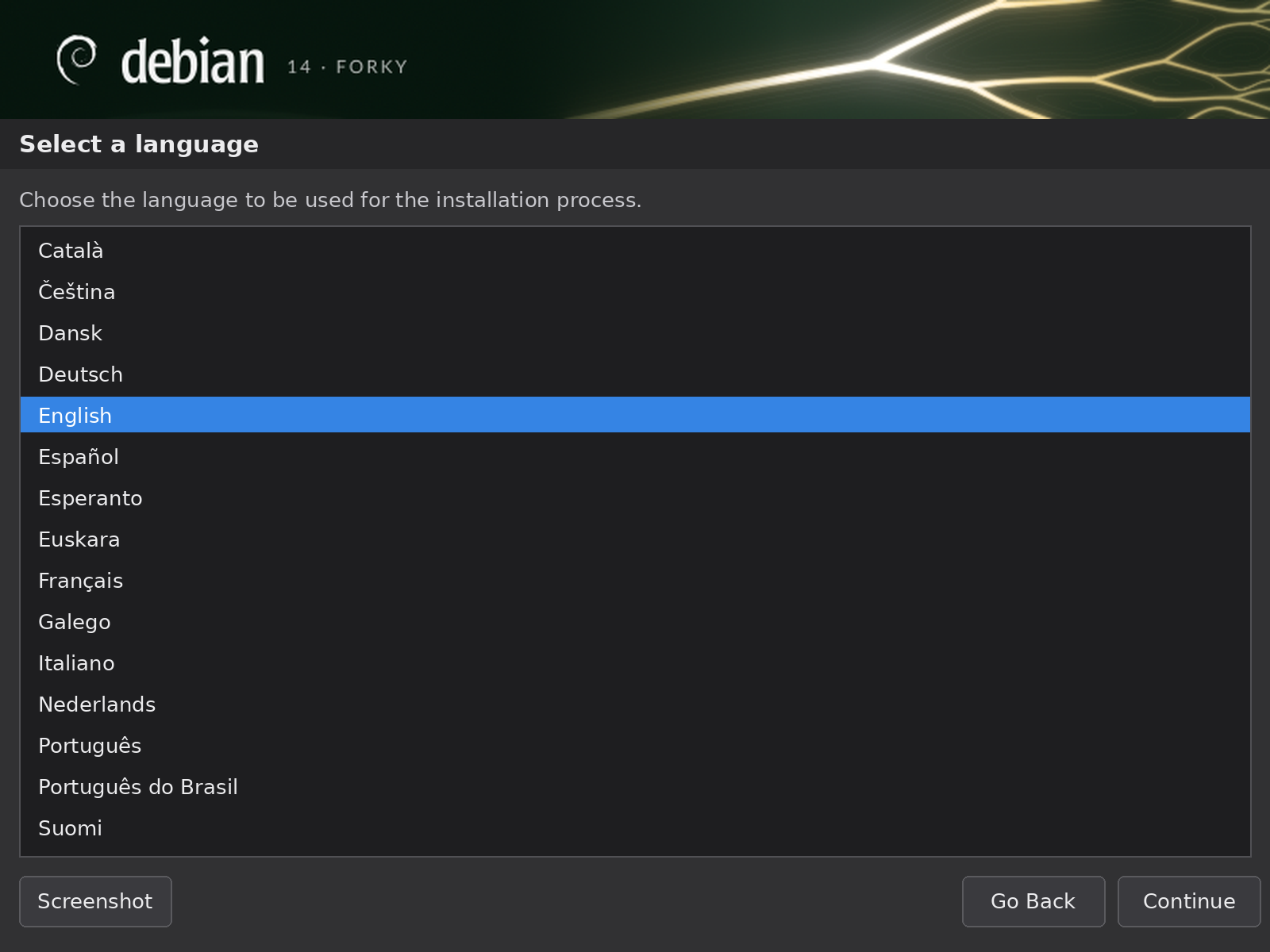 The same screen in the installer's dark theme, with the dark banner.