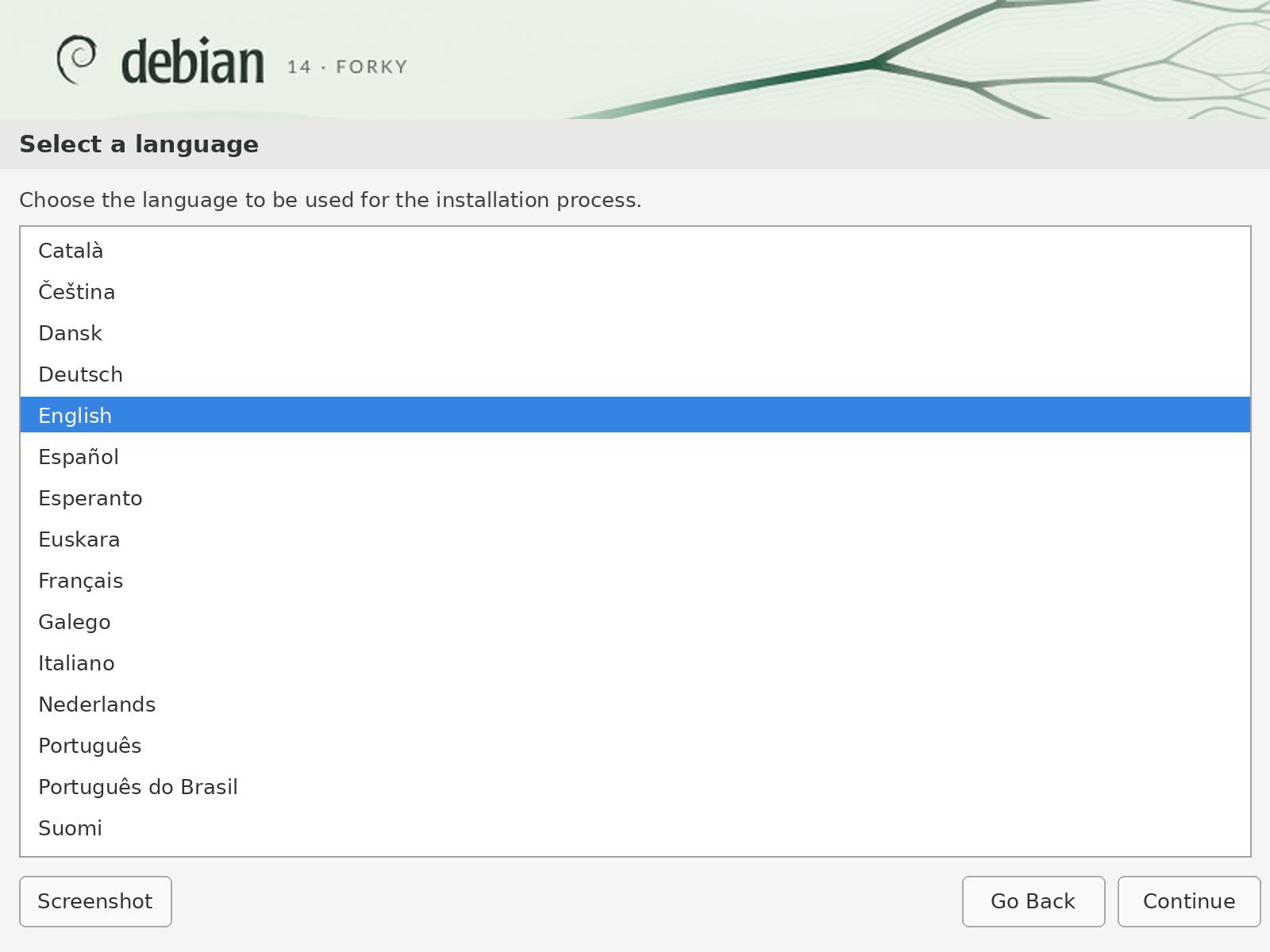 Debian installer language screen with the light Distributary banner.