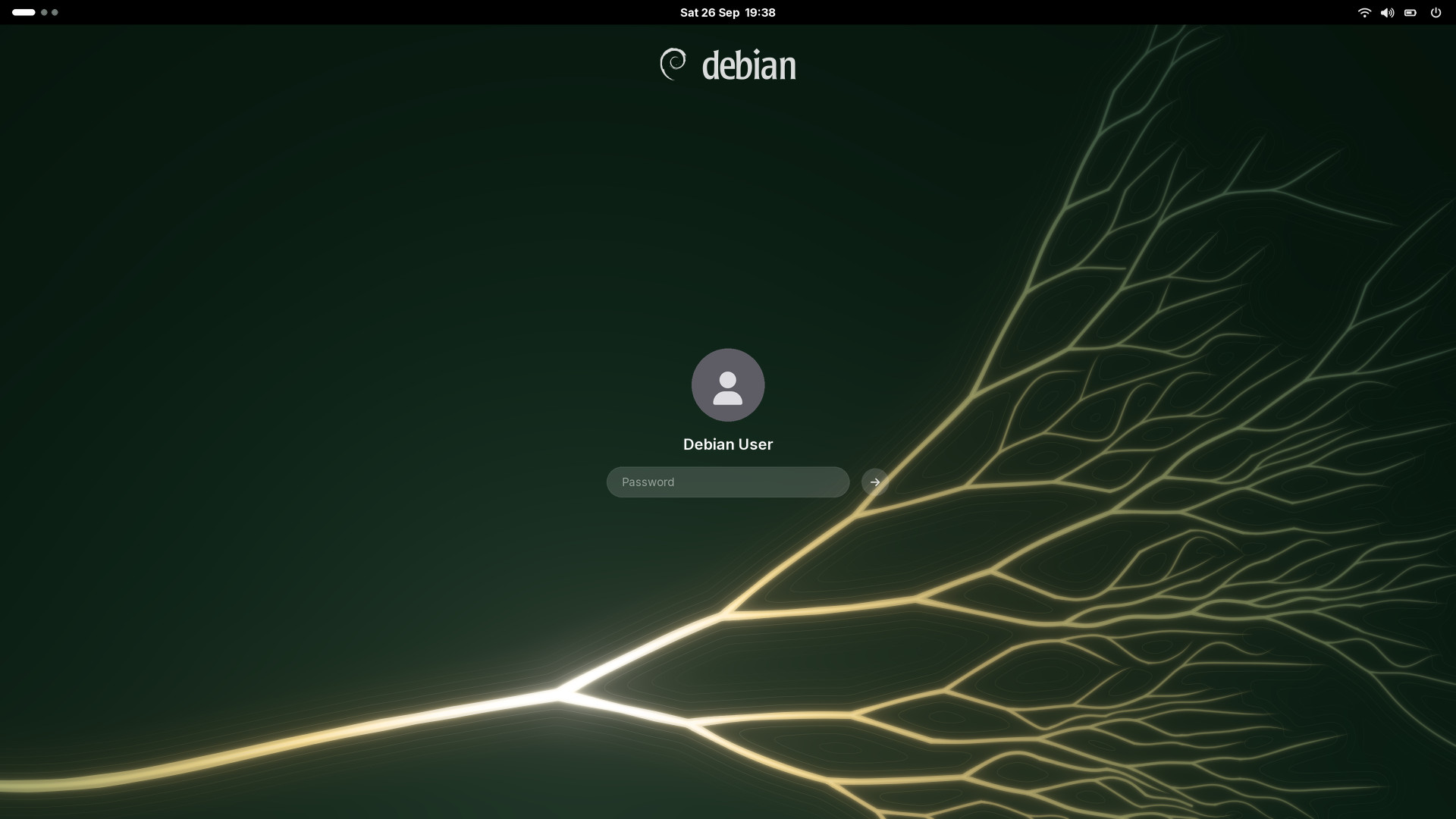 Login screen: the lockup at the top, a user card in the calm centre, the delta low on the right.