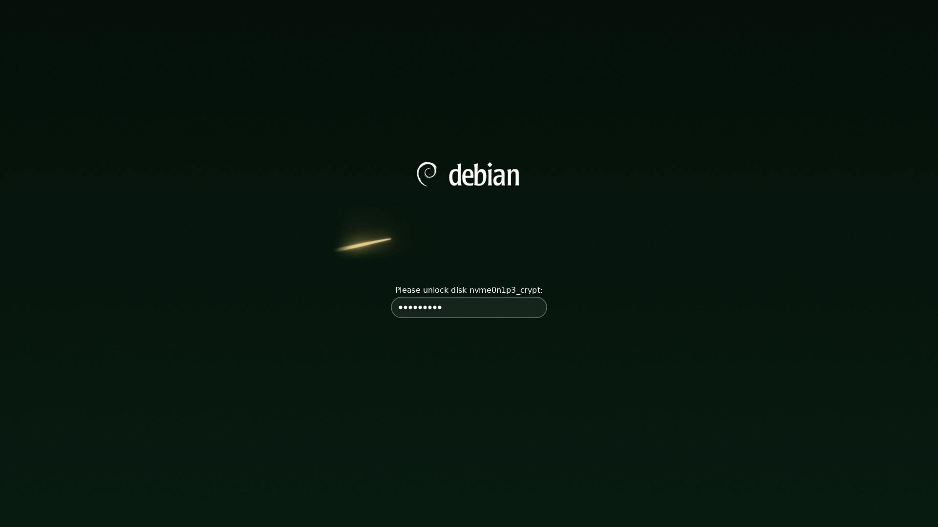 Disk unlock prompt under the logo, with separate passphrase dots.